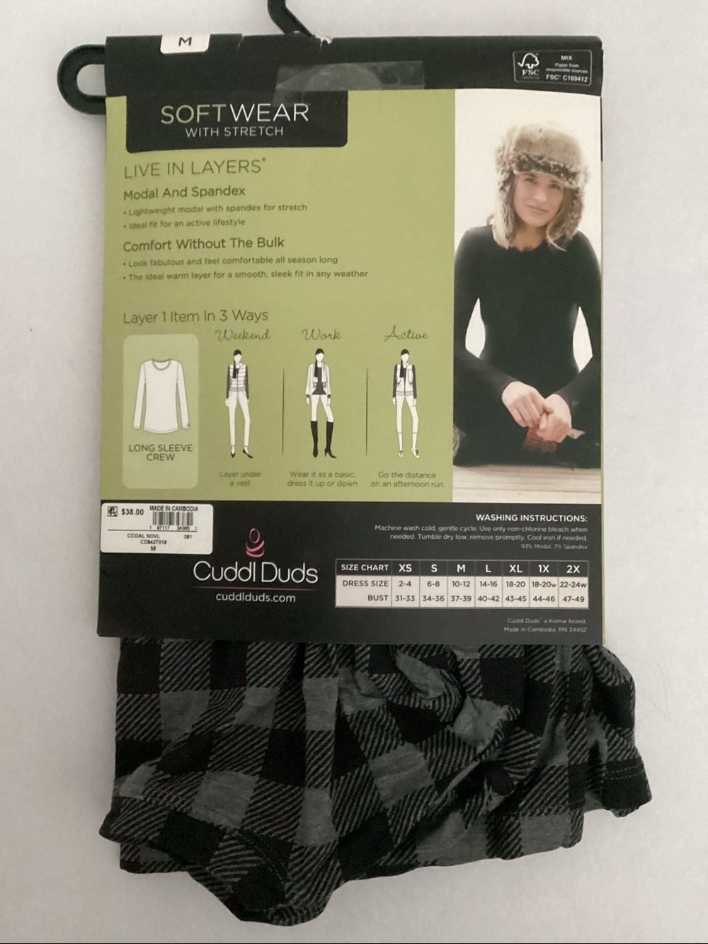 Cuddl Duds Softwear with Stretch Long Sleeve Crew - Plaid Black & Charcoal - Picture 3 of 5